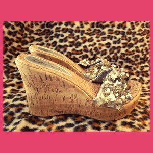 RETRO DISCO BOHO VTG Y2K Shimmery Metallic Bling Wedge Sandals Shoes NOS Sz 9